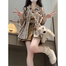 TC522-P45美式毛巾绣格子短袖衬衫夏季新款宽松休闲衬衣，女装衬衫，星座617A-2