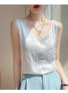 夏季薄款真丝吊带女V领宽松背心配西装穿内搭显瘦醋酸短款上衣，女装蕾丝衫/雪纺衫，绒泰祥