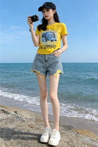 潮流休闲时尚运动套装女夏季新款圆领烫钻印花短袖牛仔短裤两件套图片
