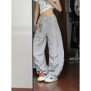 送挂件泡泡格子弯刀裤男女夏季松弛感阔腿裤子美式复古伞兵休闲裤图片