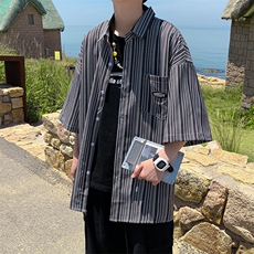 衬衫男设计感小众慵懒风条纹短袖衬衣日系上衣七分袖W1041-P32，男装夹克，星座512-2