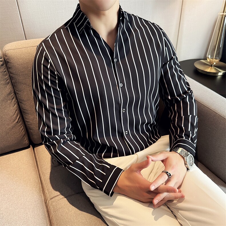 2024条纹V领韩版英伦显瘦衬衫商务绅士衬衣男C016C/P55控75,男装衬衫,电商A243