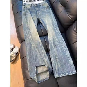 cleanfit蓝色闪电纹斜切牛仔裤男痞帅高街直筒微喇长裤WL4544-P48图片