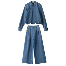 现货·现货2026年秋季牛仔阔腿裤新中式盘扣两件套装，女装套装/套裙，艾仟回(原伊仟回)