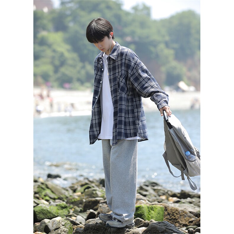 大货新品春秋格子长袖男士衬衫休闲日系港风衬衣CS7218P35控58,男装衬衫,电商B413-1
