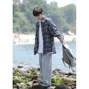 大货新品 春秋格子长袖男士衬衫休闲日系港风衬衣CS7218P35控58图片