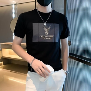 男士针织T恤简约刺绣帅气休闲打底衫春秋季短袖潮牌修身上衣S315