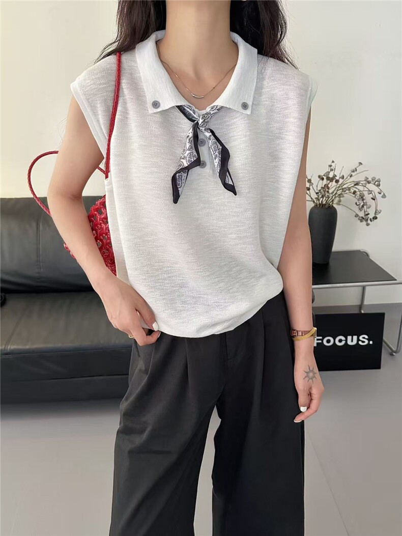 设计感韩版百搭修身显瘦女时尚翻领2025夏季新款丝巾针织无袖上衣,女装T恤,羿纯羊绒高端店