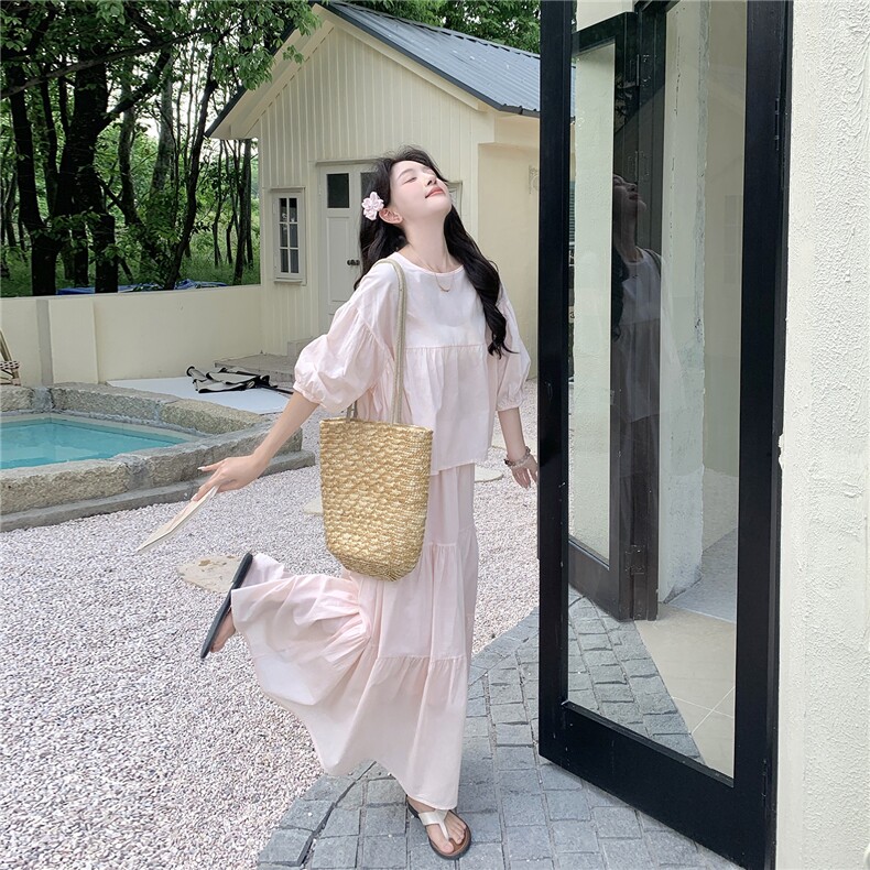 盐甜系穿搭粉色轻薄防晒上衣套装女夏新款学院风减龄半身裙两件套图片