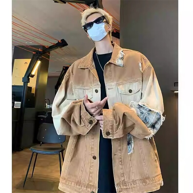 春秋破洞贴布牛仔外套男渐变水洗做旧设计感美式复古痞帅潮牌夹克,男装工装外套,星座1210-1