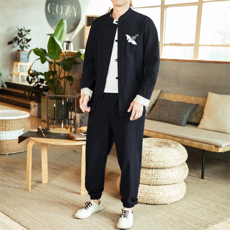 风唐装盘扣刺绣夹克中式居士服宽松大码汉服套装男 A818-P115图片