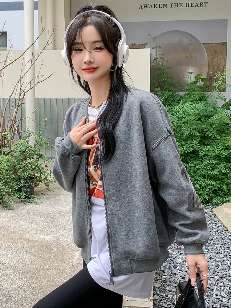 现货2024年春季新款时尚休闲重工烫钻贴标棒球服外套女,女装短外套,MQ