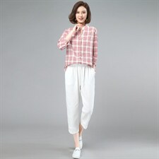 时尚套装女夏装两件套棉麻格子衬衫洋气矮个子显高减龄亚麻休闲裤，女装套装/套裙，奕阳依阁