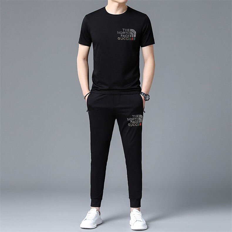 夏季男式短袖长裤透气两件套运动休闲圆领修身t恤套装，男装休闲套装，电商B360