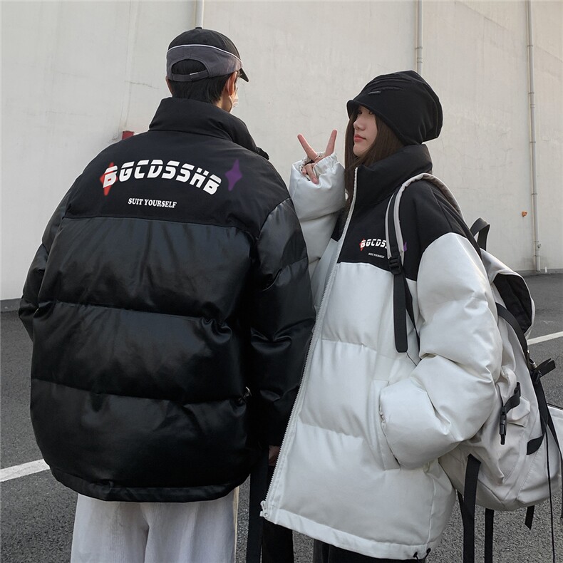 街景时尚字母印花宽松休闲情侣拼色PU皮棉服A247-MY406P115控168,男装棉衣,电商A247
