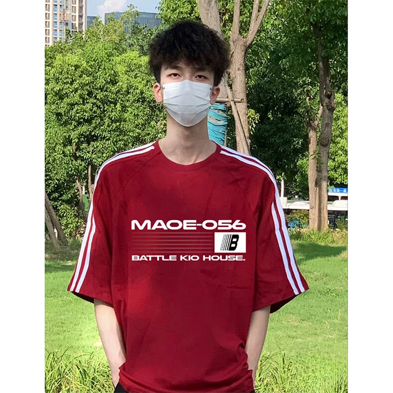 抖音得物高品质二开240克宽松纯棉美式潮牌三条杠织带短袖T恤,男装T恤,电商A486-1