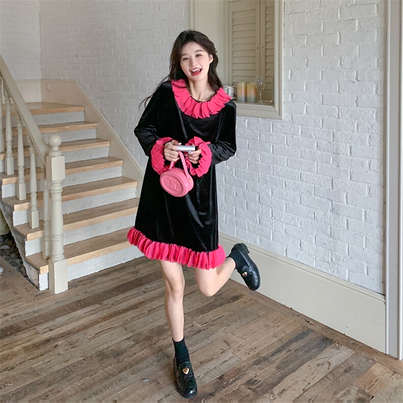 秋装新款设计感木耳边金丝绒连衣裙2911P135K198,女装连衣裙,2C029