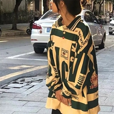 美式复古拼色宽松polo衫长袖男翻领潮牌hiphop高街t恤长袖潮，男装Polo衫，星座506A