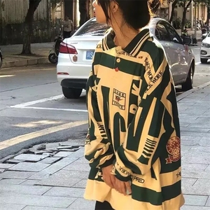 美式复古拼色宽松polo衫长袖男翻领潮牌hiphop高街t恤长袖潮图片