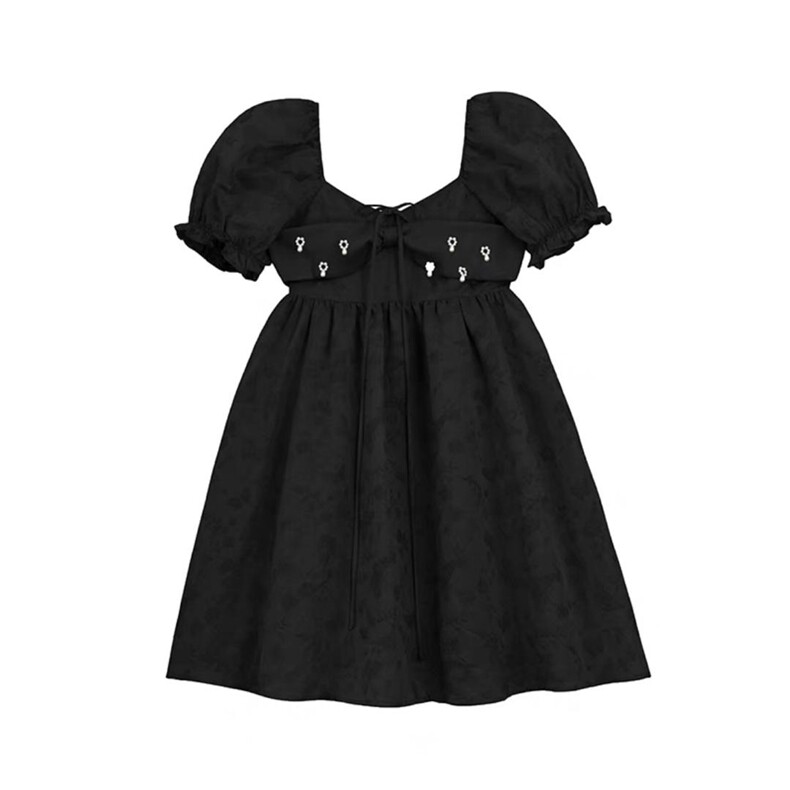 decplace/设计法式方领连衣裙白色甜美手工钉珠茶，女装连衣裙，dec place