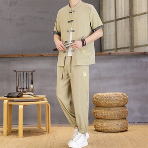 风夏季两件套男士冰丝宽松短袖套装民族男装汉服图片