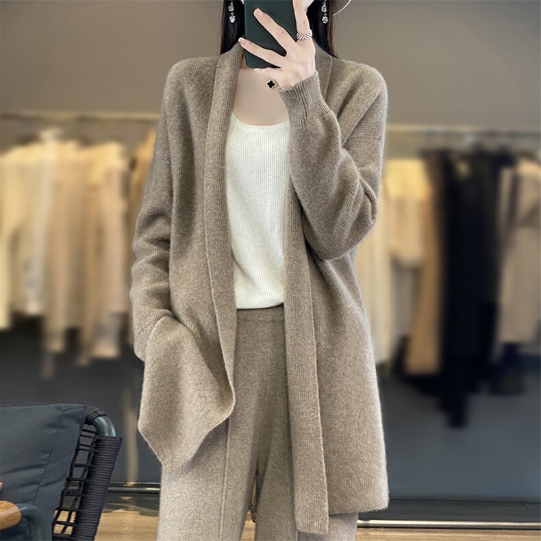 V领中长款100%羊毛开衫大衣女25秋冬宽松慵懒羊绒衫针织毛衣外套,女装羊毛衫,优麦羊绒（原洪叶羊绒）
