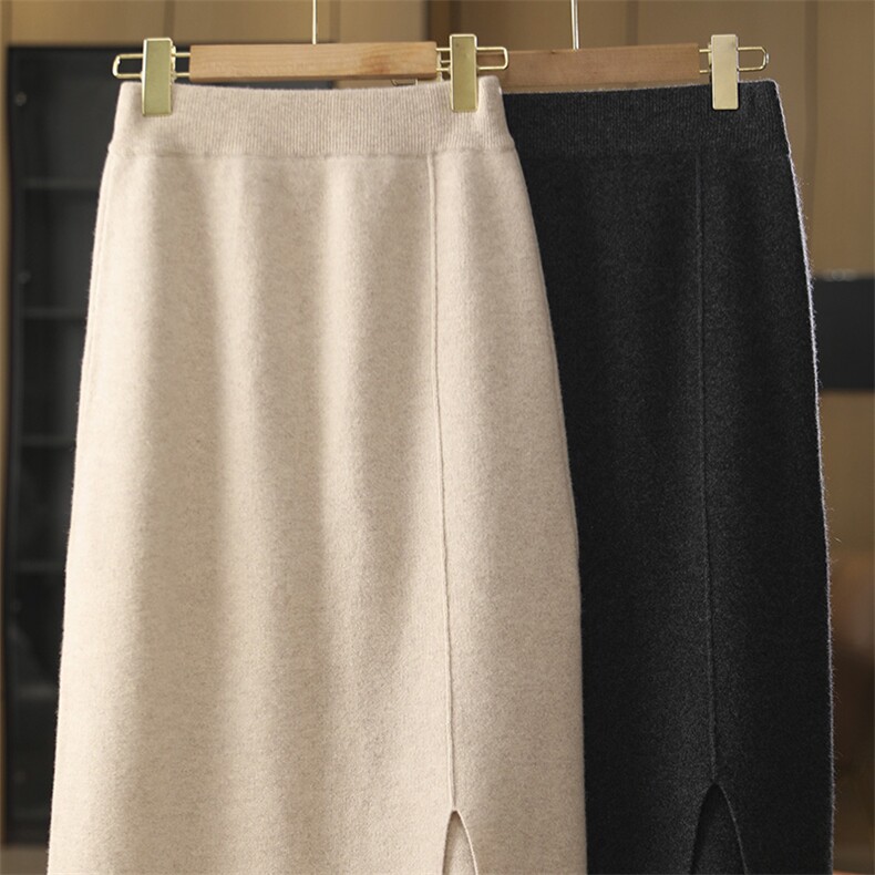 下摆分叉A半裙时尚气质简约纯色百搭秋冬新款裙子，女装半身裙，玛莎羊绒