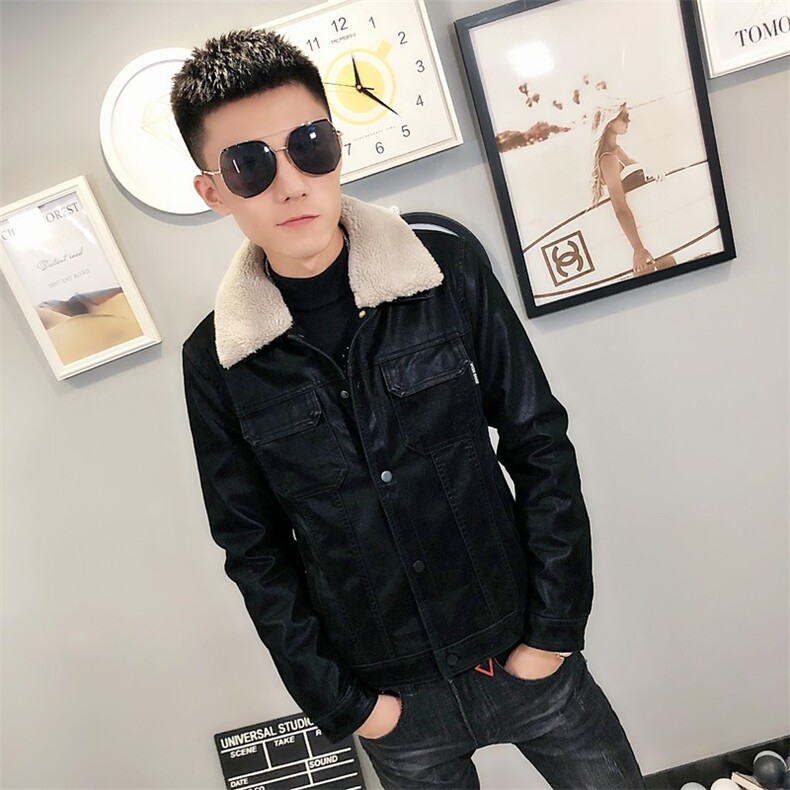 冬季加绒毛领修身纯色水洗皮衣男社会小伙夹克外套301B-PY15,男装皮衣,电商C301B
