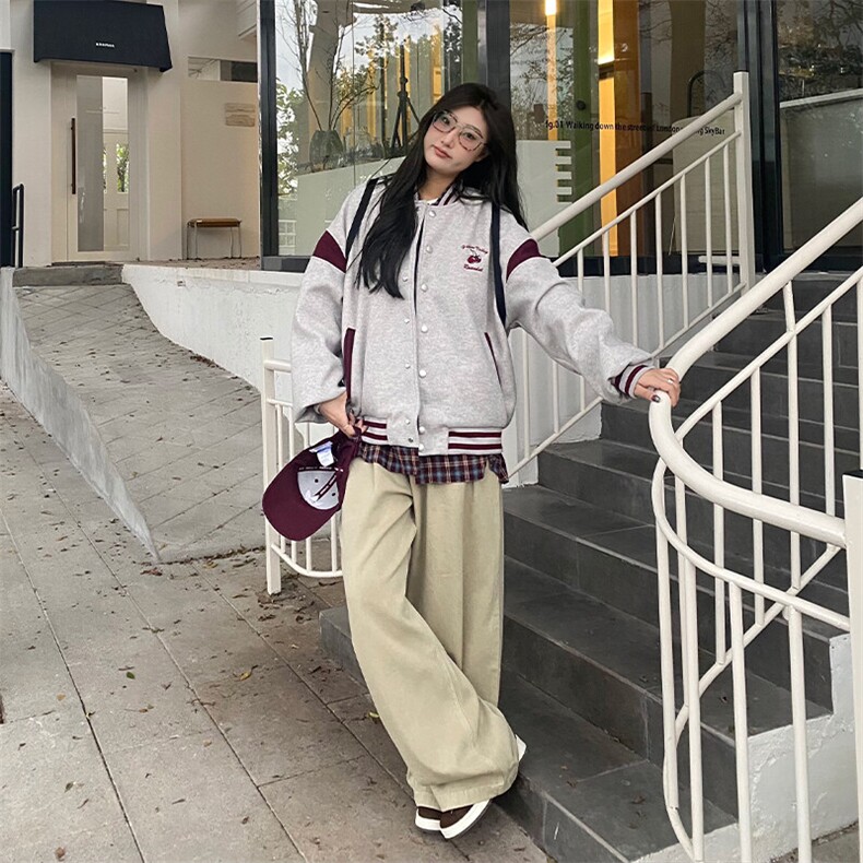 2025新款美式小樱桃刺绣棒球服外套女春秋宽松休闲撞色夹克上衣,女装短外套,星座506A