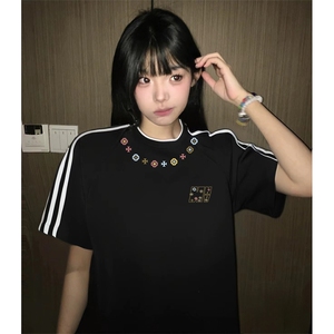抖音得物高品质二开240克宽松纯棉美式潮牌三条杠织带短袖T恤图片
