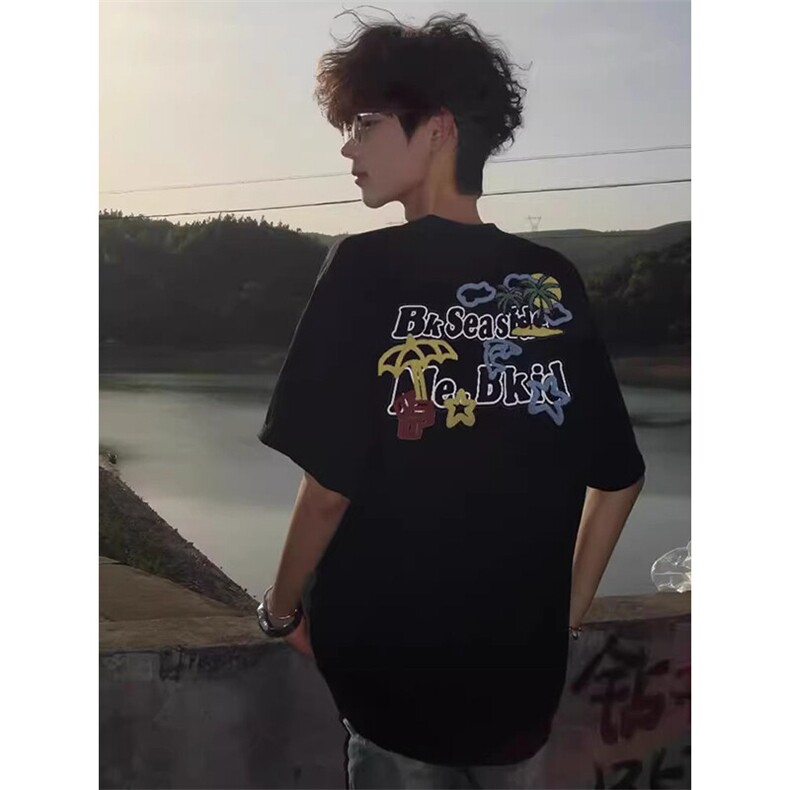 万针全刺绣工艺抖音得物高品质260克重磅纯棉双纱美式高街短袖T恤,男装T恤,电商A486