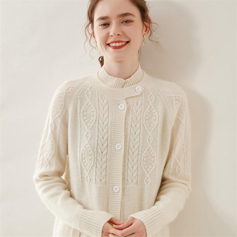 立领麻花35%羊绒开衫女秋冬新款宽松长袖中长款针织开衫厚，女装羊绒衫，缇曼羊绒