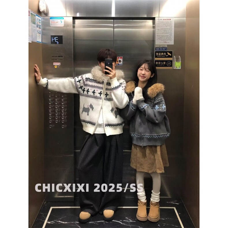 CHICXIXI25AW复古费尔岛大毛领连帽开衫双拉链毛衣外套男女秋冬,男装针织衫/毛衣,四季星座505