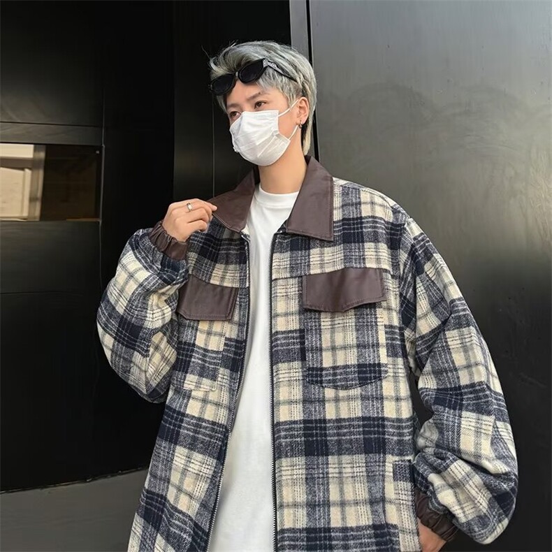 秋冬款男条纹格子夹克皮拼接多口袋夹克衫外套JK233P75,男装夹克,星座1013-1