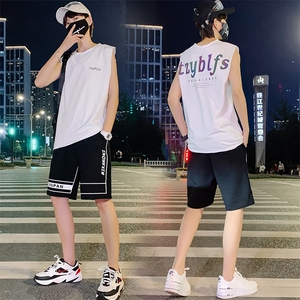 2021青少年新款男女情侣装薄款纯棉卡通宽松背心套装男 TZ260图片