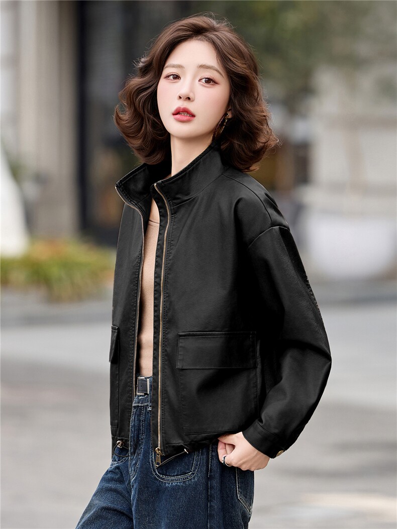 2026年春季新款现货潮流皮衣休闲外套气质时尚立领女装,女装皮衣,臻衣坊