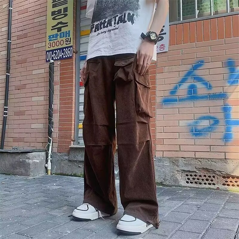 现货复古多阔腿黑色重磅灯芯绒裤子男款潮流宽松口袋长裤运动休闲,男装休闲裤,星座218-1（原230）