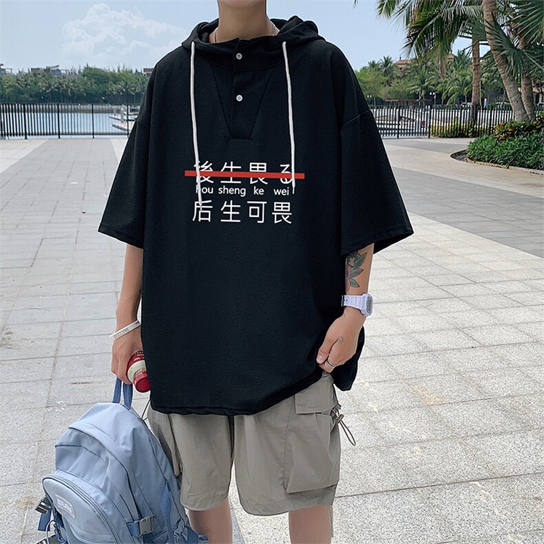 LD54028-P45 连帽短袖t恤男大码胖子带帽五分袖中袖图片