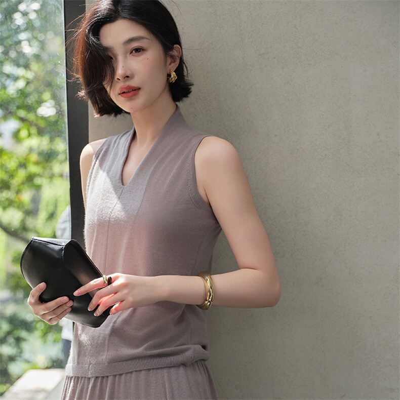 女士自带领无袖套衫,女装羊绒衫,江帆羊绒