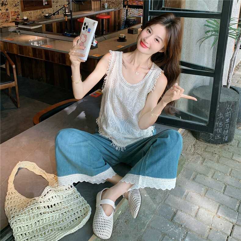 流苏边上衣蕾丝拼接牛仔阔腿裤两件套女夏季搭配长裤甜美无袖套装图片