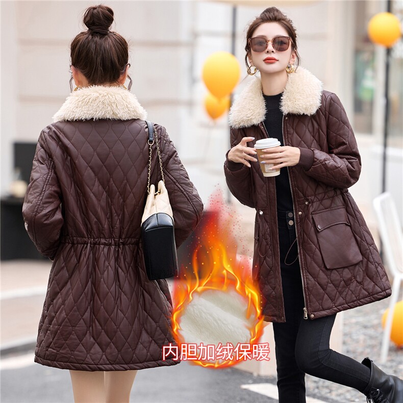 中长款加绒加厚皮衣外套女冬季时尚气质修身百搭保暖棉服,女装皮衣,吾爱衣