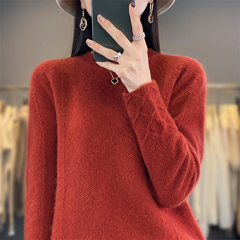 100%纯羊毛衫女25秋冬新款宽松卷边半高领套头毛衣针织打底羊绒衫,女装羊毛衫,琳尚羊绒