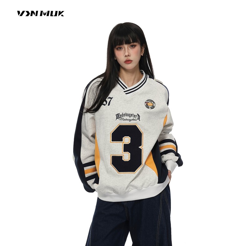 美式徽章刺绣V领撞色拼接卫衣男女冬季情侣运动上衣WB601-P49图片