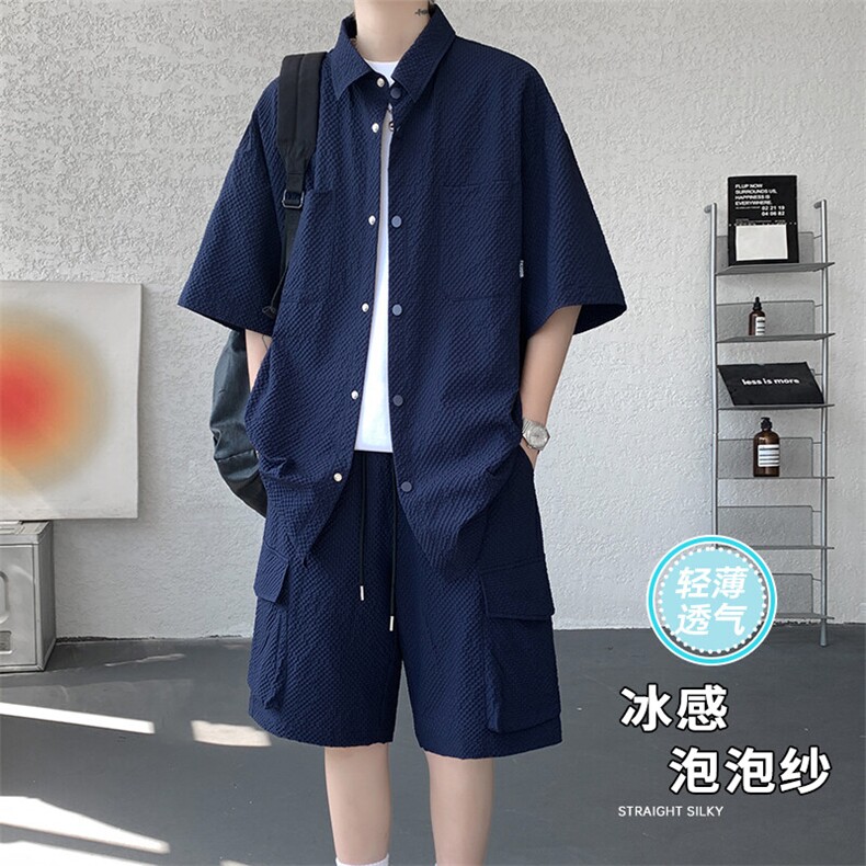 特批P55无差价夏季休闲泡泡纱大码冰丝短袖短裤两件套男TZ5585,男装休闲套装,电商A001