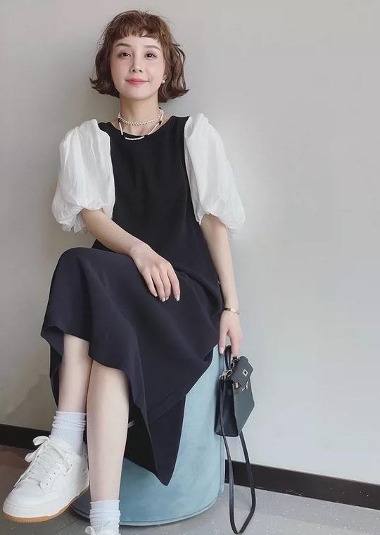 夏季新款欧货洋气拼接泡泡袖连衣裙,女装连衣裙,L·H·X