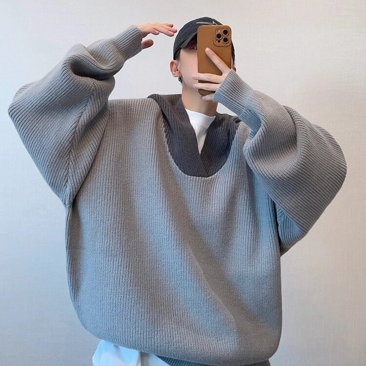 JY295-P52复古撞色灰色宽松落肩廓形连帽毛衣针织外套男网图,男装针织衫/毛衣,星座1501-3