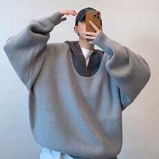 JY295-P52复古撞色灰色宽松落肩廓形连帽毛衣针织外套男网图，男装针织衫/毛衣，星座1501-3