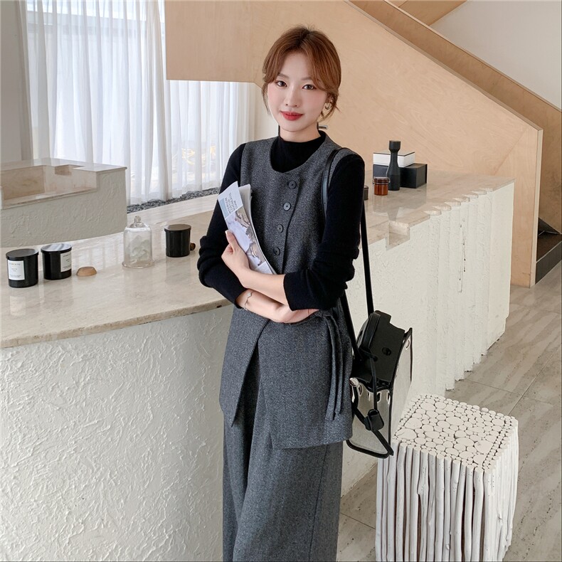 韩系灰色西装马甲两件套女2025春秋季新款高级感显瘦阔腿长裤套装,女装套装/套裙,2B219