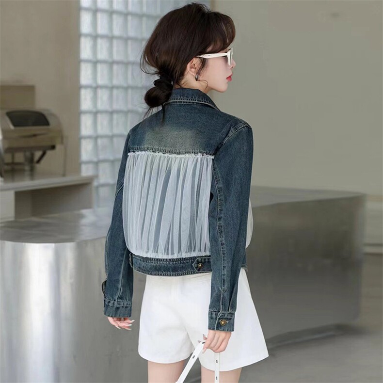 现货浪漫甜美网纱拼接牛仔外套2024春秋季新款时尚休闲短款夹克女，女装牛仔外套，江南女神