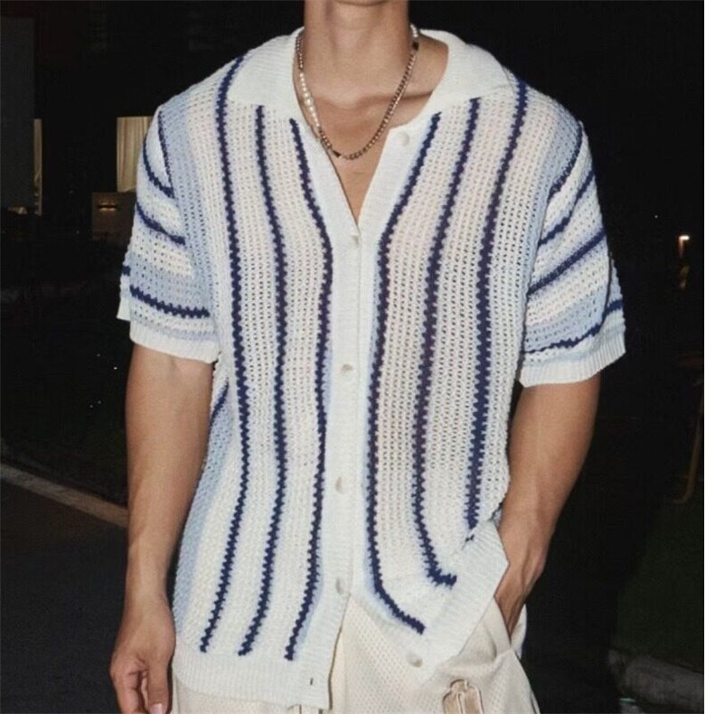 条纹针织衫女短款宽松设计感小众长袖小开衫外套秋季外搭v领上衣,男装衬衫,星座506A